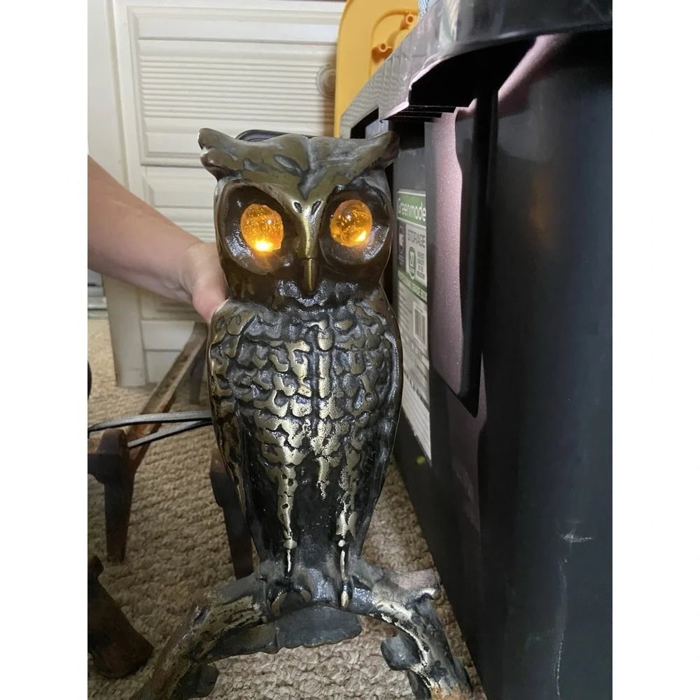 Antique Vintage Brass Owl Andirons Fireplace Amber Glass Eyes‎ 13